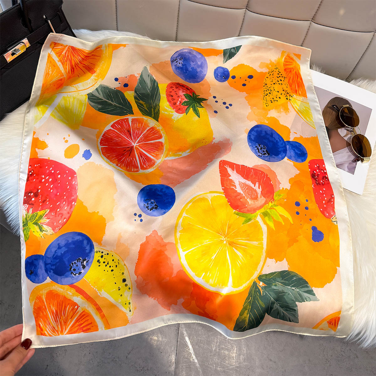 Silk Scarf Square - Fashion Lemon Fruit Pattern Square Silk